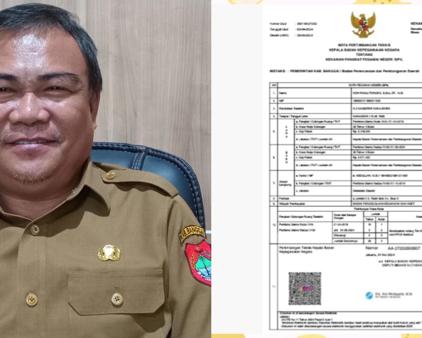Kaban Bappeda Moh Ramli Tongko Mendapat KPLB Dari Presiden Republik Indonesia Tembusan BKN
