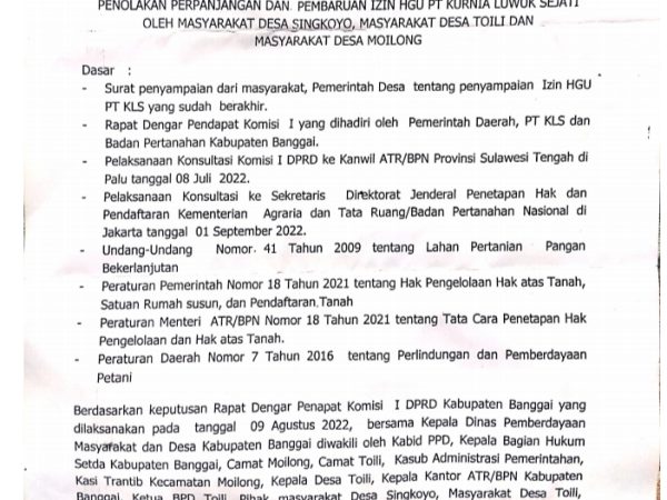 HGU PT KLS Sudah Berakhir BPN dan Pemerintah Daerah Kabupaten Banggai Diminta Tak Perpanjang Izin