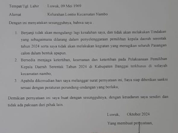 Surat Pernyataan Nurdin Badarun (54),Pelaku Pengrusakan APK Milik Paslon Amirudin dan Furqanuddin